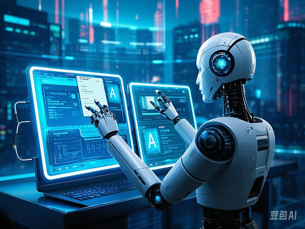 未来科技感的AI机器人正在处理多个任务,背景是数据流和城市剪影,风格为赛博朋克